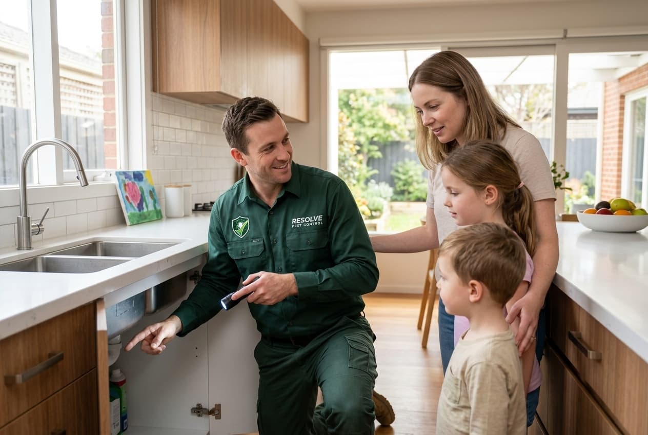 Resolve technician inspecting a Melbourne kitchen kicker for cockroach harbourage
